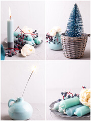 Festive winter collage. Fresh  white roses, decorative blue tree, candles and wild berries against textured wall. Still life. Christmas concept.