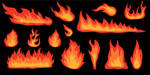 Fire flame. Isolated bright red and orange flame. Colorful patterns. Vector hot set.