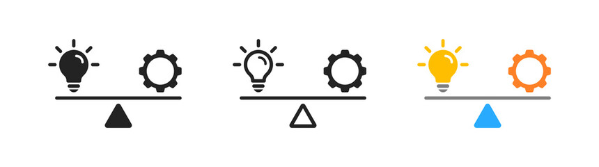 Theory and practice outline icon. Flat design. Self development. Lamp and cogwheel balancing on scales. Balance, training symbol. - obrazy, fototapety, plakaty