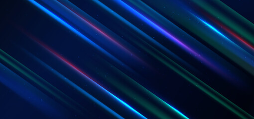 Abstract technology futuristic glowing blue and red  light lines with speed motion blur effect on dark blue background.