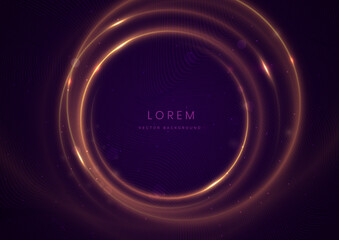 Gold circle frame luxury on dark purple background with lighting effect and sparkle with copy space for text.