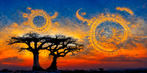 Astrological zodiac in the sky of Africa and the savannah. Powerful visual for astrology and African horoscopes.