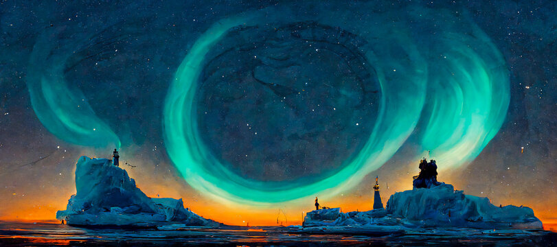 Circular zodiac during an aurora borealis in the far north. Astrology of winter and cold for powerful and original horoscope.
