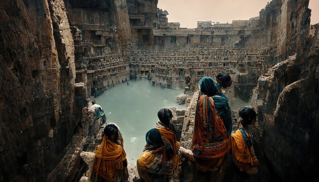 AI generated image of a group of women in ancient India collecting water from a massive ornate stepwell 