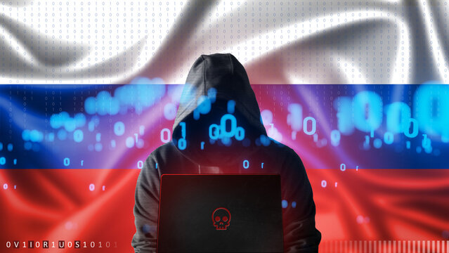 Cyber threat from Russia. Russian hacker at the computer, on a background of the colors of the flag of Russia. DDoS attack.