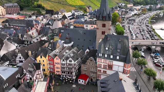 Aerial view of Central Square and Markt Platz in Bernkastel-Kues, Moselle Valley, Rhineland-Palatinate, Germany