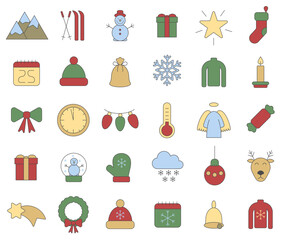 Set of vector Christmas icons. Colored icons isolated on white background.