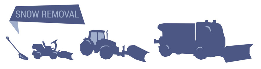 Snow removal flat line icons. Vector illustration, symbols of industrial cleaning.
