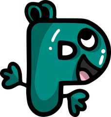 turquoise funny letter P in the form of a monster with a face with ears and a tongue with teeth, perplexed indignant playful and surprised frightened, with shadow and highlights, doodle