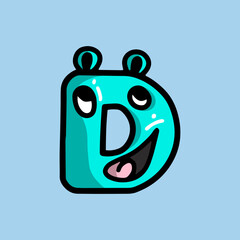 blue turquoise funny letter D  in the form of a monster with a face and tongue, cheerful playful and surprised, with shadow and highlights, doodle