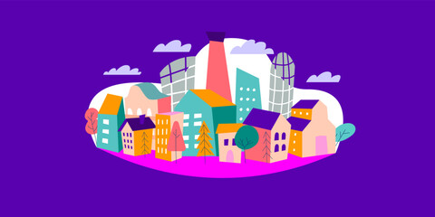 Fototapeta na wymiar Cartoon colorful cityscape, vector set of buildings, doodle house illustrations