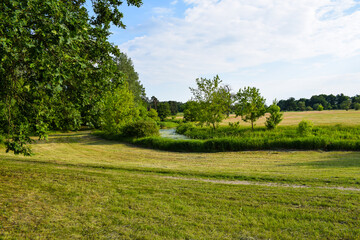 Rogalin Landscape Park in Poland. River, meadow, trees - obrazy, fototapety, plakaty