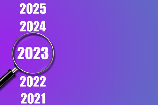 2021. 2022.2023.2024.2025. Number and magnifying glass, on a purple background. New Year concept. copy space. Christmas