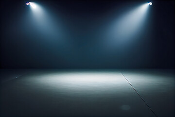 Empty space for product presentation for sale, like a studio with projectors or podium. Urban style ideal for car with night and foggy atmosphere.