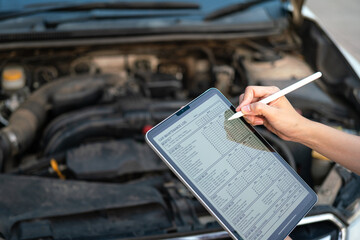 Action of the engineer is checking the car maintenance checklist in the digital tablet during...