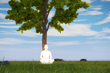 Person meditate near tree on grass, expanding mind, self-aware, zen practice. 3D rendering