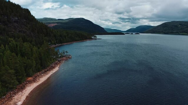 Aerial View of a big lake and valley in Telemark, Norway