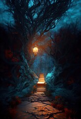 Gate to the other world in the enchanted forest, fairy world, mysterious forest, fantasy, magical place, colorful 