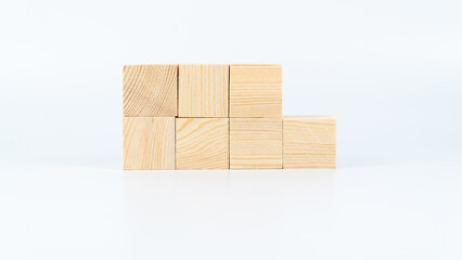 Wooden cubes for copy space for text isolated on white background. Blank area on wooden boxes for...
