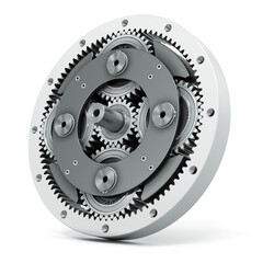 Planetary gears on a white background. Reducer close-up. 3d render