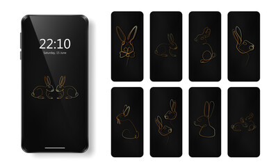 Collection of phone wallpaper with golden linear rabbits on black background. Luxury backdrop  for smartphone with bunny, lapin in single continuous line style. Realistic 3d device screen mockup 