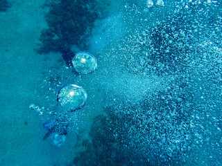 Bubbles rising up from a group of scuba divers.