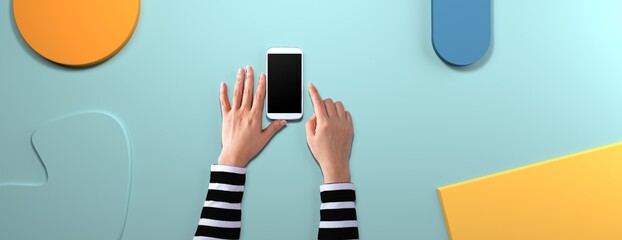 Person using a white smartphone from above with geometric shapes
