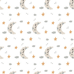 Boho modern minimalist pattern newborn moon star clouds. Baby Shower Scandinavian pastel wallpaper. Textile fabric design for kids. Flat bohemian vector neutral background paper