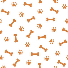 Cute seamless pattern with dog paw prints and bones. Fabric print template. Simple doodle vector background.