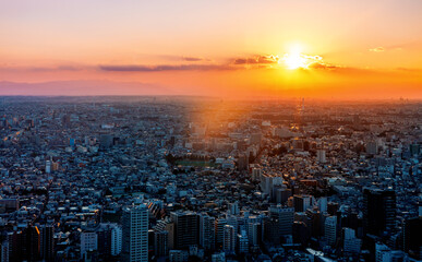 Skyscrapers towering over the cityscape of Nishi-Shinjuku, Tokyo, Japan at sunset