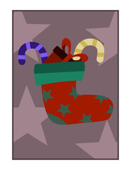 New Year illustration. Christmas stocking with gifts. Vector.