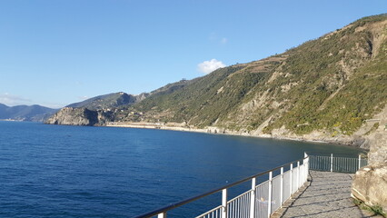 Cinque Terre, Italy. Mountain and blue sea and sky.