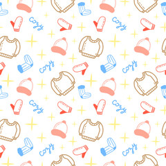 Cozy winter clothes seamless pattern. Flat doodle sweater, hat, mittens, socks isolated on white background. December seasonal warm cloth, vector wrapping paper template.
