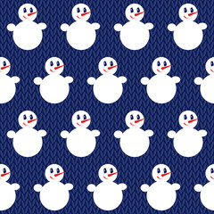Snowman. Seamless vector pattern with stylized snowmen and knitted background. Winter pattern