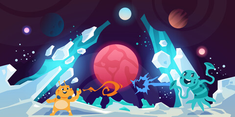 Obraz premium Alien background. Planet landscape. Martians battle. Extraterrestrial characters. Space exploration. Cosmos satellites. Galaxy panorama with crater and mountains. Vector illustration