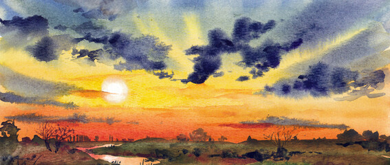 Evening landscape in watercolor.Sunset over the river.