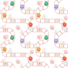 Table game piece pattern. Tabletop dice and chips. Gaming path. Fun graphic figures. Leisure pawn art for toy shop. Hobby store. Playing way running cells. Vector seamless background