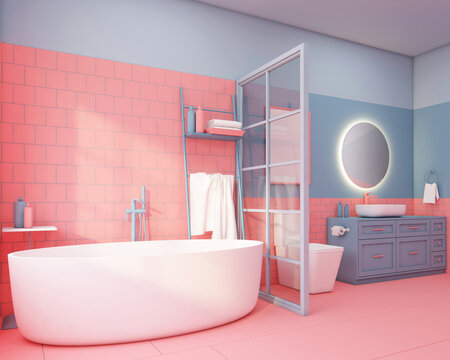 Colorful bathroom with decoration on living coral color tile and light blue wall. 3d rendering