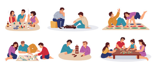 Family play game. People leisure. Gambling party. Cards and puzzles. Friends on poker table. Chess activity in group of women and men. Twister or Jenga players. Vector home gaming set