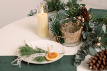 Festive Christmas table decoration..Creative eco-friendly New Year and Christmas decor.Close up,selective focus.