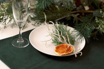 Festive Christmas table decoration..Creative eco-friendly New Year and Christmas decor.Close up,selective focus.