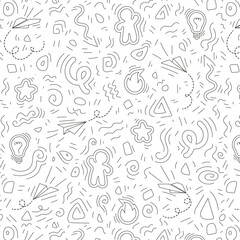 Scattered Geometric Line Shapes. Hand drawn Doodle elements. Abstract Background Design. Vector Black and White Pattern.