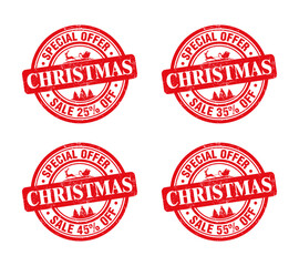 Christmas sale red grunge stamp set. Special offer up to 25, 35, 45, 55 percent off