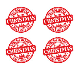 Christmas sale red grunge stamp set. Special offer up to 20, 30, 40, 50 percent off