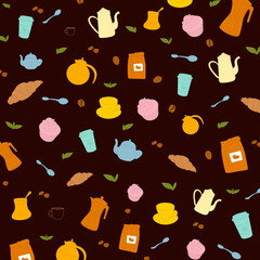 Patern colored coffees, teapots, croussans on a black background.