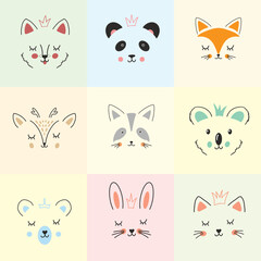 Cute Animal face. Cartoon animals collection, dog, panda, fox, deer, raccoon, koala, bear, rabbit and cat. Vector illustration