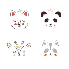 Cute Animal face. Cartoon animals collection, dog, panda, deer and raccoon. Vector illustration