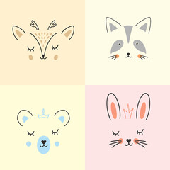 Cute Animal face. Cartoon animals collection, deer, raccoon, bear and rabbit. Vector illustration