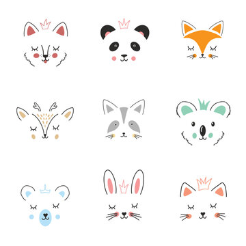 Cute Animal face. Cartoon animals collection, dog, panda, fox, deer, raccoon, koala, bear, rabbit and cat. Vector illustration