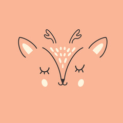Cute Deer face. Cartoon animal simple portrait, vector illustration